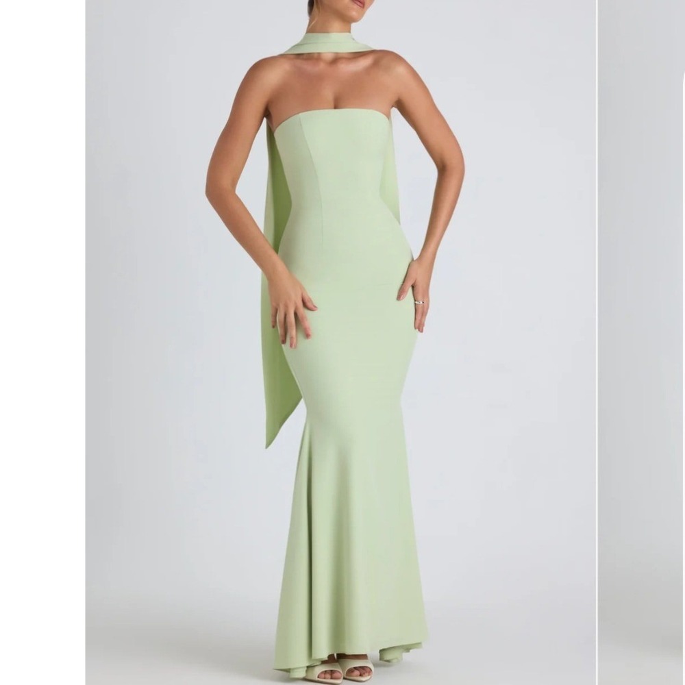 Oh Polly Imogene Scarf Detail Strapless Gown Spring Green Maxi Dress US 4 NEW